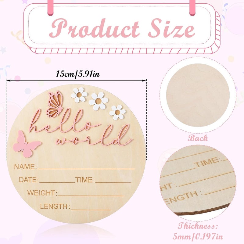 Ajcotahm Hello World Newborn Sign, 5.9 Inch Wooden Baby Announcement Sign Pink Butterfly Style Birth Welcome Board for Newborn Boys Girls Photo Props Baby Shower Hospital Nursery (Pink) - Image 2